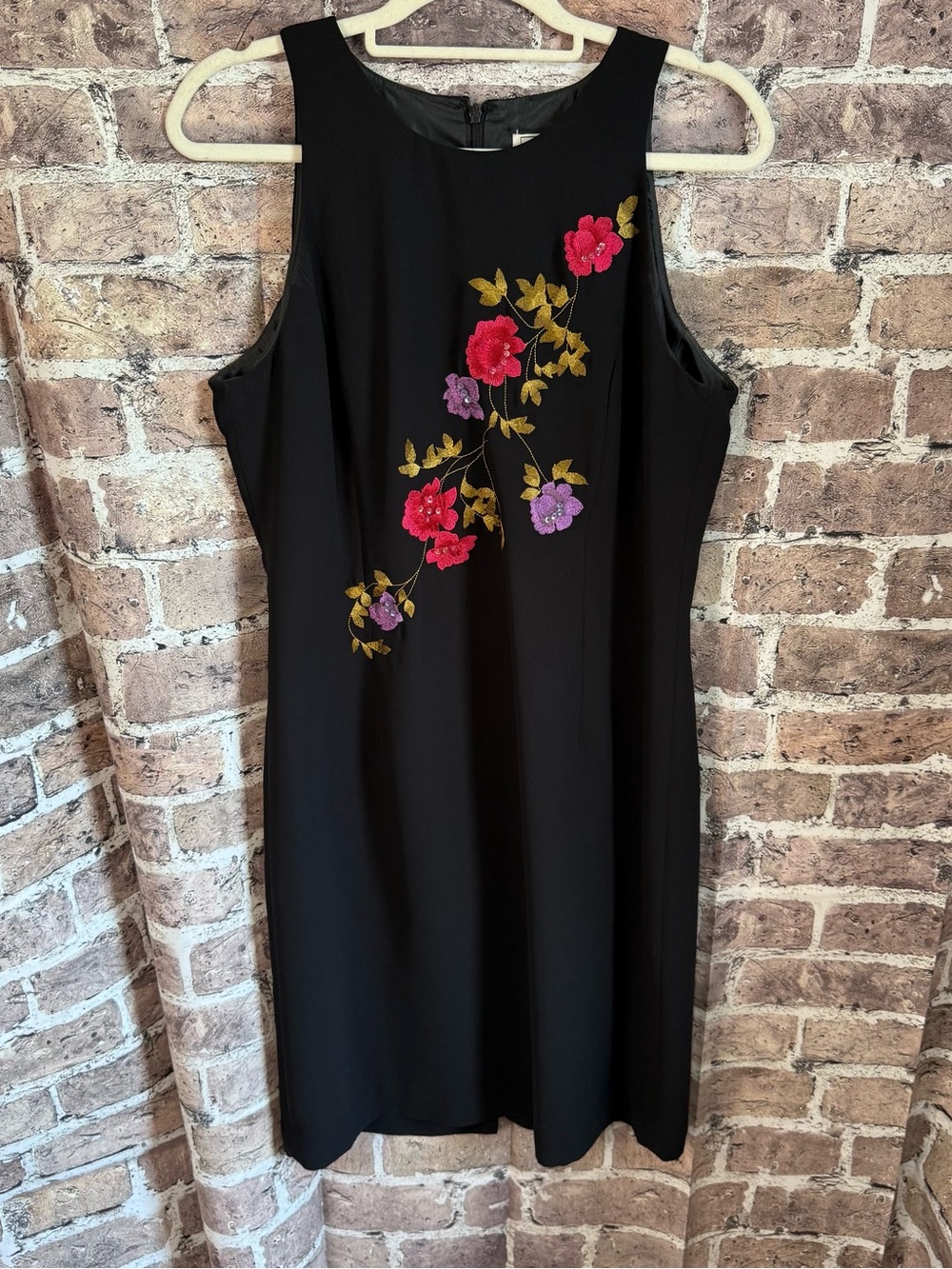 Vintage Bob Mackie Black Sleeveless Dress with Pink & Purple Floral Embroidery